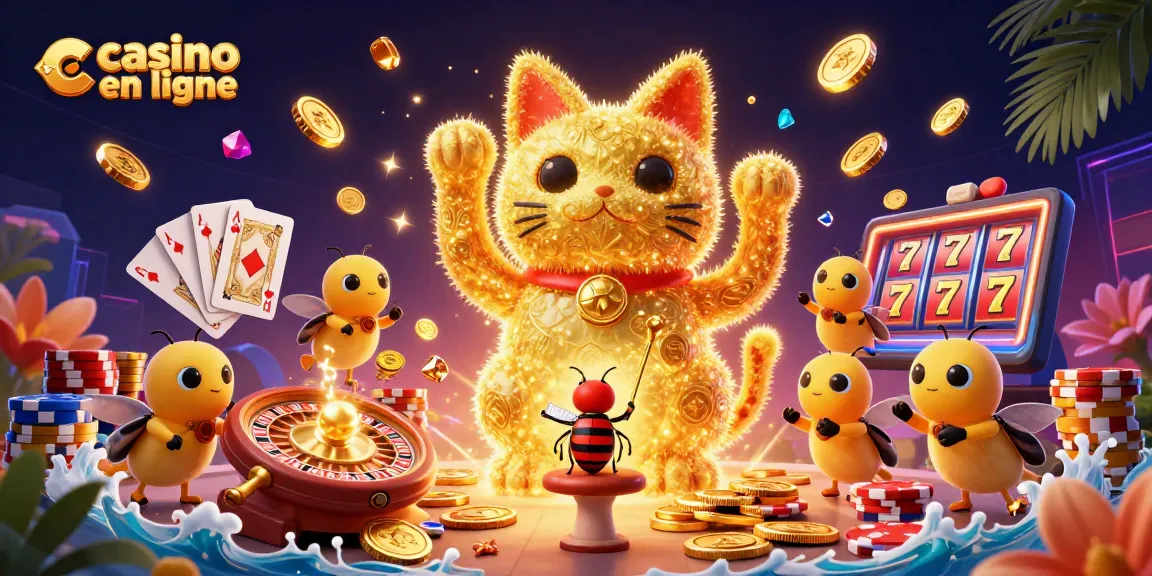 Imaginer un chat porte-bonheur formé de lucioles dorées, en jouant dans un casino en ligne.