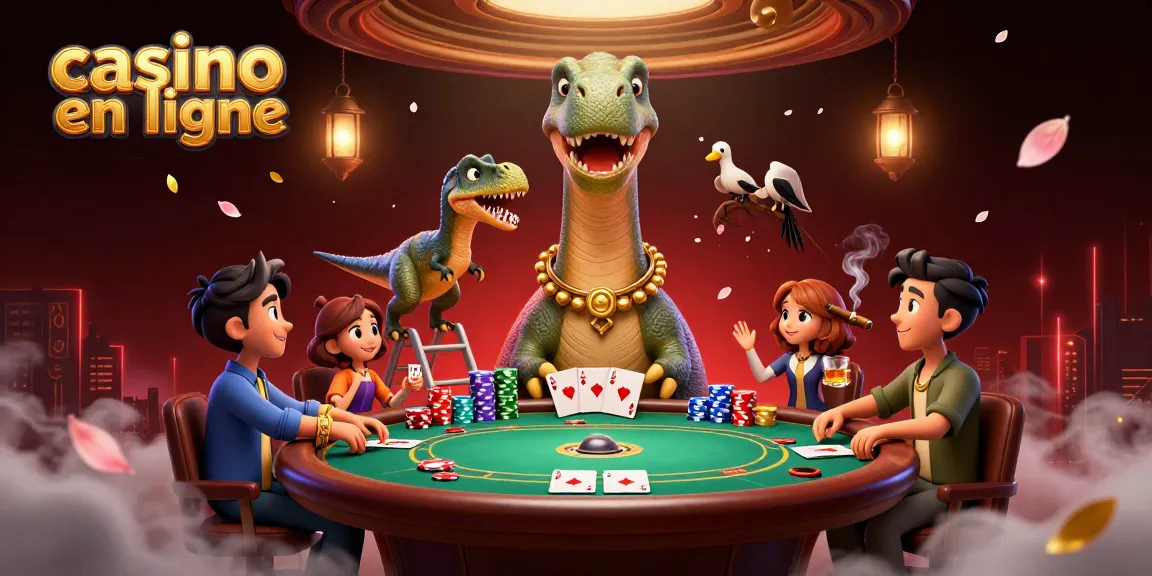 Casino en ligne : un dinosaure curieux observe une table de poker dynamique remplie de jetons et de cartes.