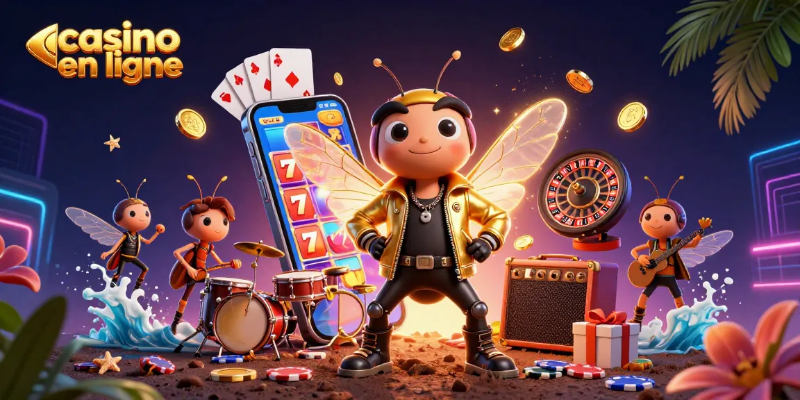 Illustration dynamique d'un casino en ligne avec une rock star cicada et des jeux de casino.