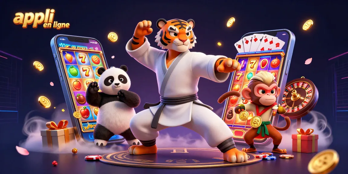 Appli casino en ligne : le tigre maître kung fu, un panda disciple, et un singe malicieux entourés de jeux d'argent.