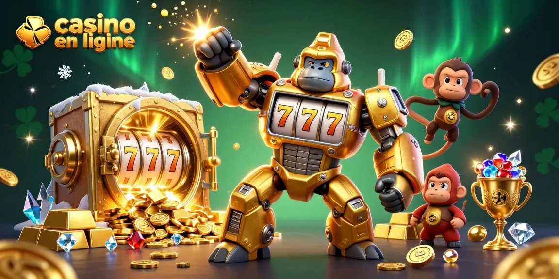 Jouer au casino en ligne avec un gorille mécanique, des trésors d'or et des gemmes brillantes.
