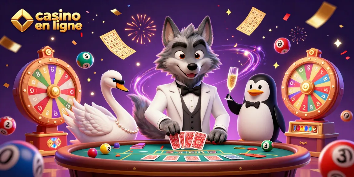Illustration dynamique du casino en ligne avec un loup, un cygne et un manchot célébrant à une table de baccarat.