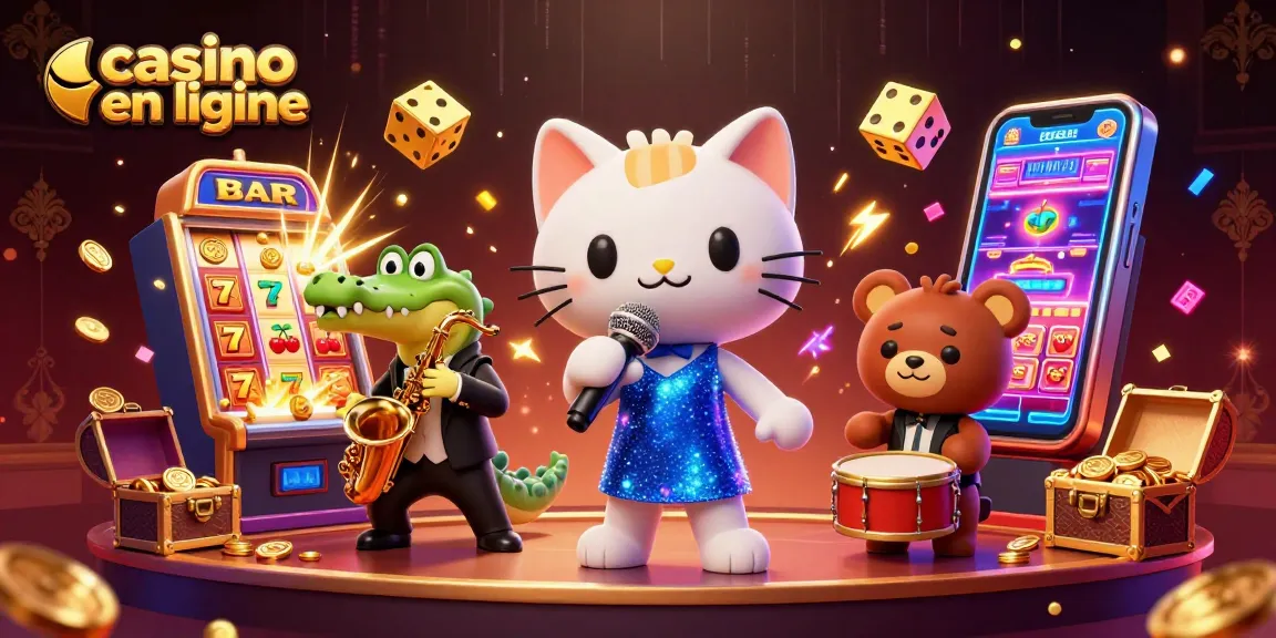 Vivez l'excitation du casino en ligne avec un chat chanteur, un crocodile et un ourson dans une scène animée.