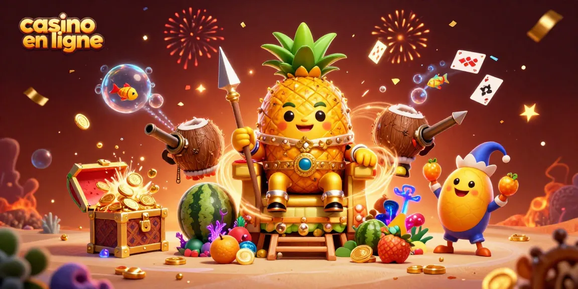 Illustration captivante d'un roi ananas et son équipe dans un casino en ligne exotique.