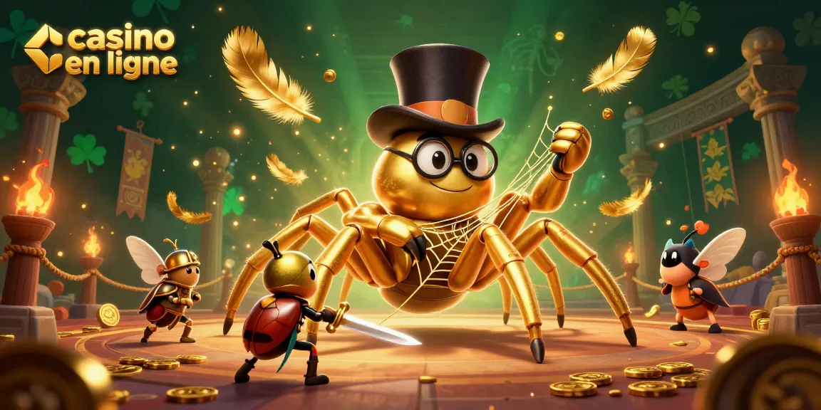 Illustration dynamique d'un casino en ligne avec une tarentule dorée et un chevalier, captivant.
