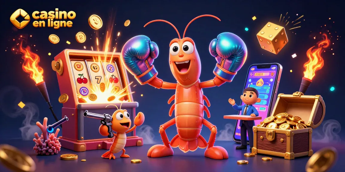 Illustration dynamique représentant "casino en ligne" avec des créatures marines animées et des symboles de machines à sous.