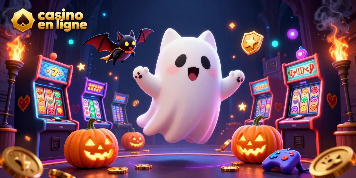 Jouez au casino en ligne avec un chat fantôme et une chauve-souris, ambiance colorée et festive.