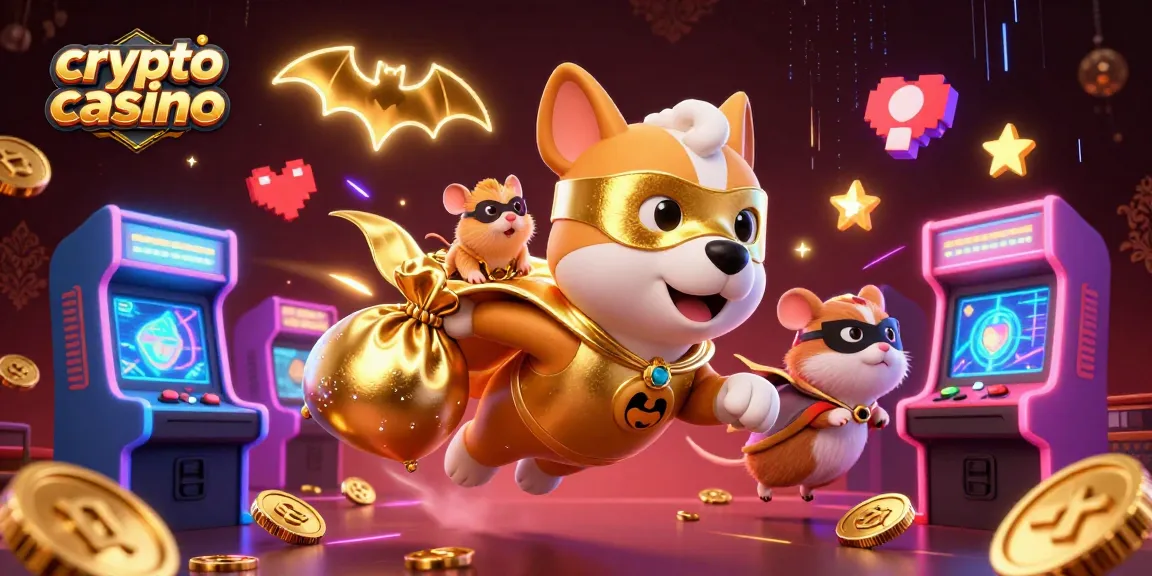 Gioco attivo nel crypto casino con un cane supereroe e un criceto che portano monete d'oro.