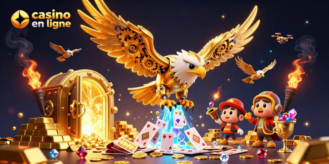 Visualisez un casino en ligne animé avec un aigle doré futuriste et des trésors étincelants.