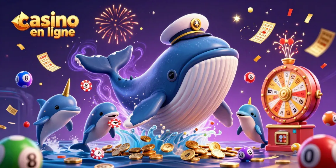 Illustration amusante de casino en ligne avec une baleine, un narval et des dauphins, entourés de jeux de loto.