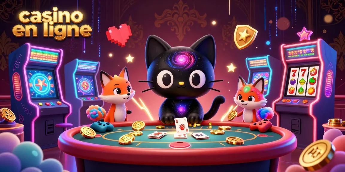 Animation d'un casino en ligne avec un chat noir gravitationnel attirant des jetons dorés pour un jeu captivant.