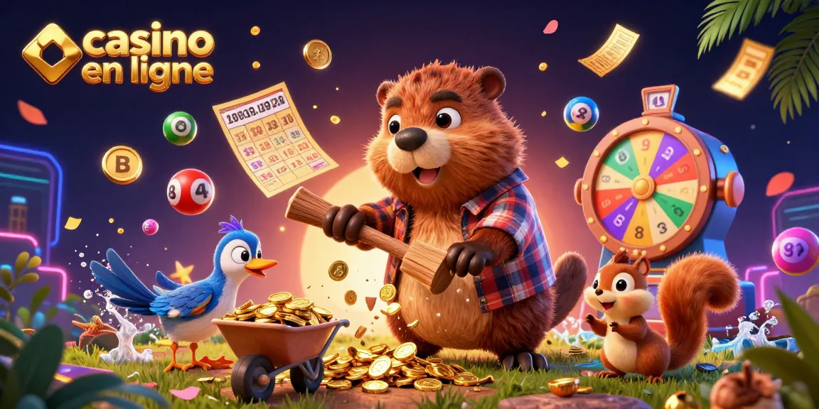 Le casino en ligne offre une scène animée où un castor abat des arbres pour des pièces d'or avec un oiseau et un écureuil, représentant l'excitation du jeu.