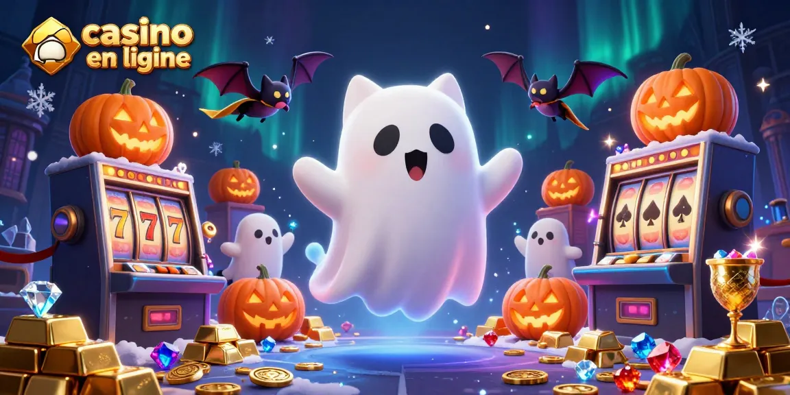Découvrez un casino en ligne animé avec un chat fantôme et un vampire bat dans une scène envahie de trésors et de machines à sous.