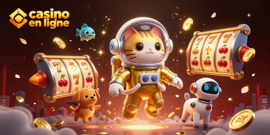 Une illustration colorée représentant un chat astronaute dans un casino en ligne avec des rouleaux de machines à sous et des pièces d'or.