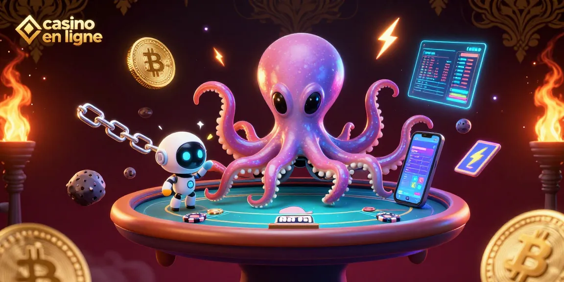 Jouer au casino en ligne avec un extraterrestre et un robot parmi des jetons de poker.