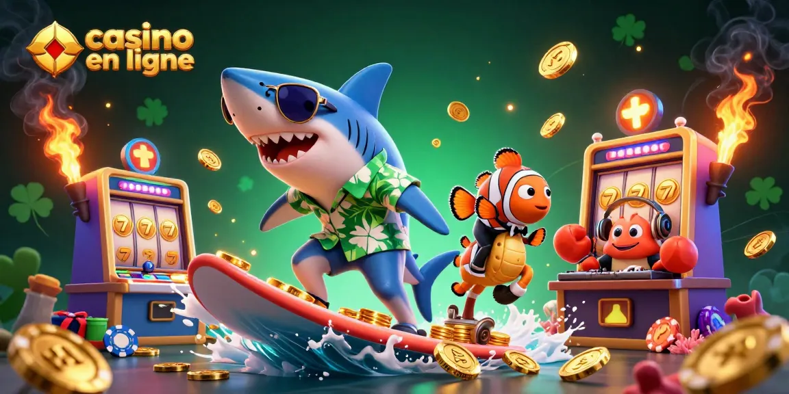 Profitez d'une expérience de jeu unique avec casino en ligne, illustrée par un requin joueur embrassant le bonheur des gains.