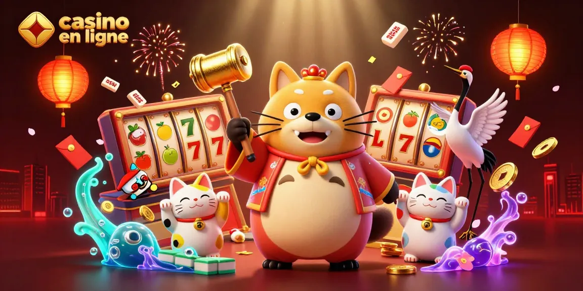 Illustration en 3D d'un casino en ligne, avec des personnages festifs et des éléments de jeu captivants.