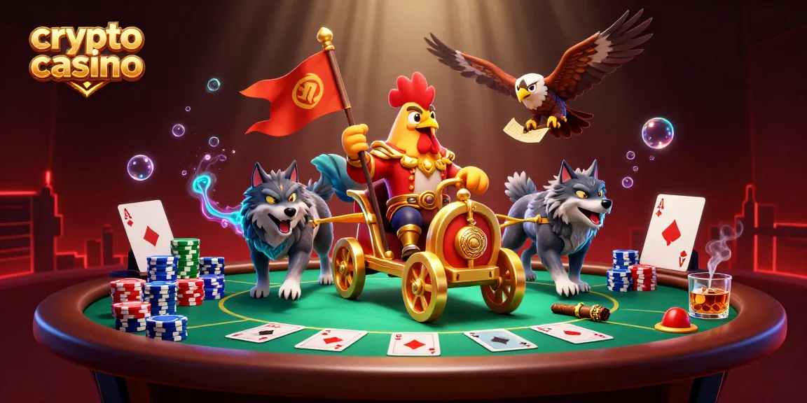 Illustration 3D d'un crypto casino avec un coq guerrier, des jetons de poker colorés et une ambiance immersive.